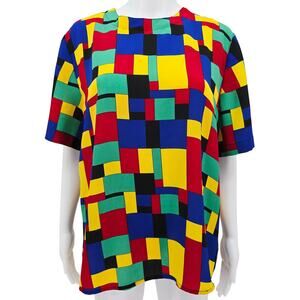 Kathy Che Vintage Multicolored Short Sleeve Top Blouse L